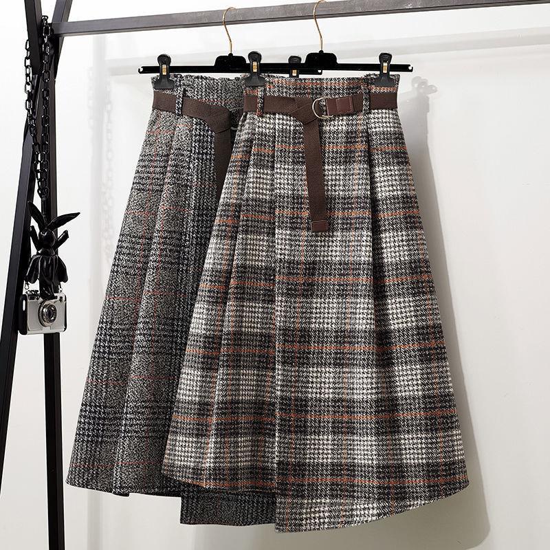 Woolen Plaid Irregular Large Swing Skirt Spring and Autumn New Retro Skirt All-match High Waist Slimming Mid-length Skirt for Women