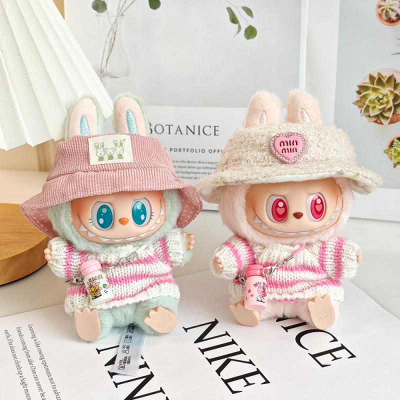 17 センチメートルビニールぬいぐるみマカロンラブブ LABUBU ベビー服ピンクのガーゼスカートヘアアクセサリー交換服|undefined
