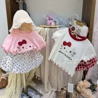 Футболка с короткими рукавами и рюшами KT для девочек в корейском стиле, милый и стильный универсальный топ с героями мультфильмов для маленьких девочек.
