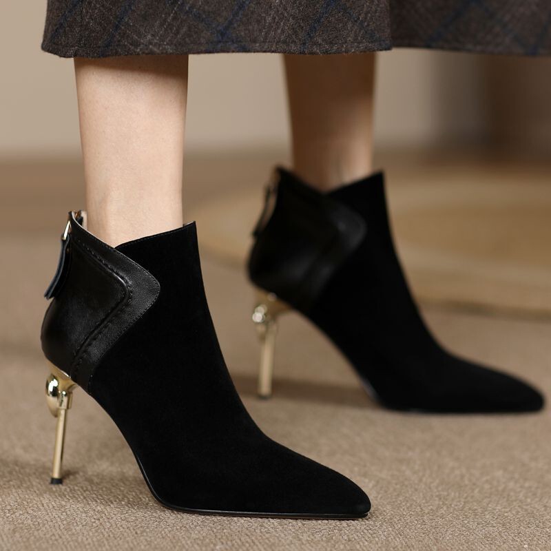 Cowhide Version ~ Pointed Toe Women's Stiletto Heels 2025 Autumn and Winter New Style Accessible Luxury High-Heeled Women's Boots Nubuck Leather Splicing Nude Boots
