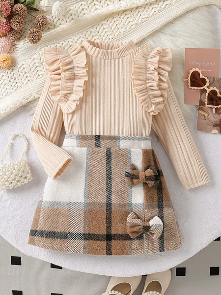 2025 New Autum Round Neck Lotus Leaf Stitching Princess Sleeve Top + Plaid Skirt Suit Two-Piece Set