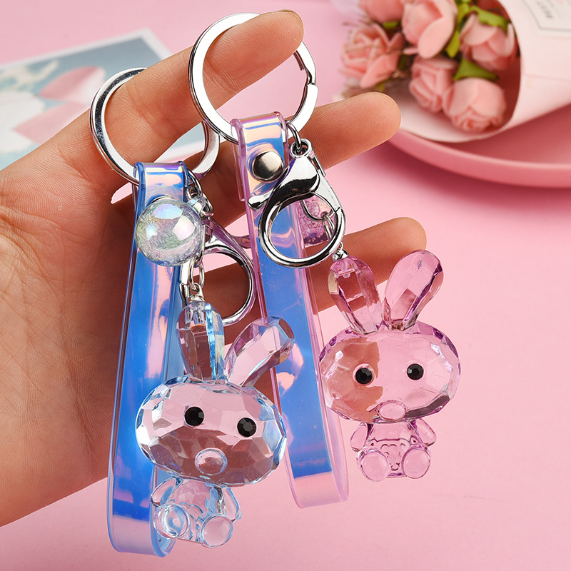 Acrylic Polygon Cut Crystal Glass Rabbit Keychain Creative Leather Rope Accessories Student Schoolbag Decorations display picture 3