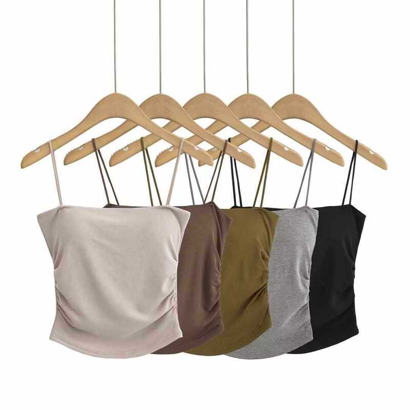 American-style sexy off-shoulder tight-fitting ruched camisole with thin straps, summer sleeveless top with chest pads