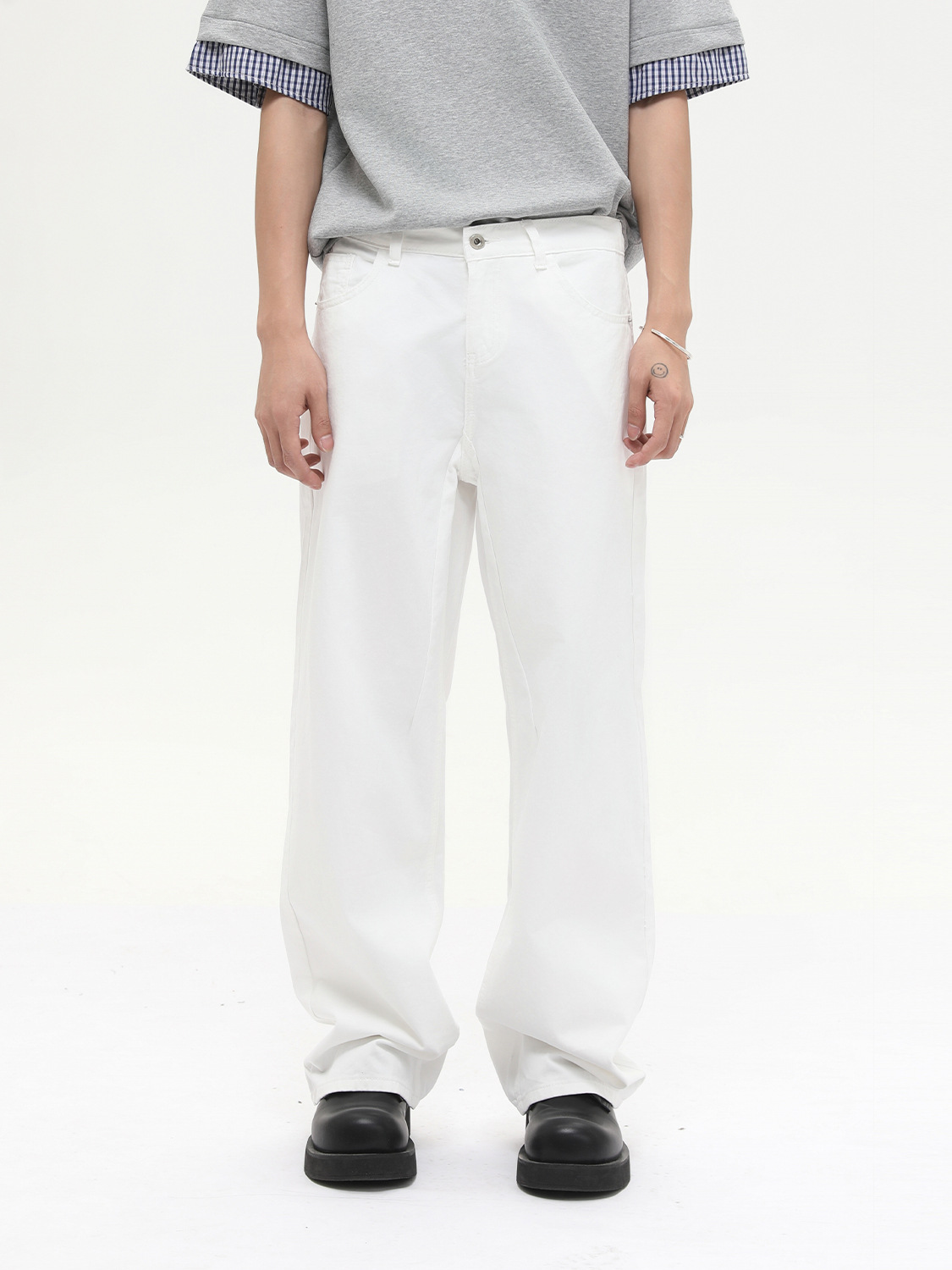 MTLCLOTHES para hombre | Vaqueros lavados sueltos de algodón puro de estilo básico simple de color puro coreano