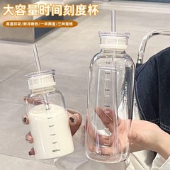 时间玻璃杯家用双盖便携刻度水杯绚小青简约吸管杯杯子高硼硅通用
