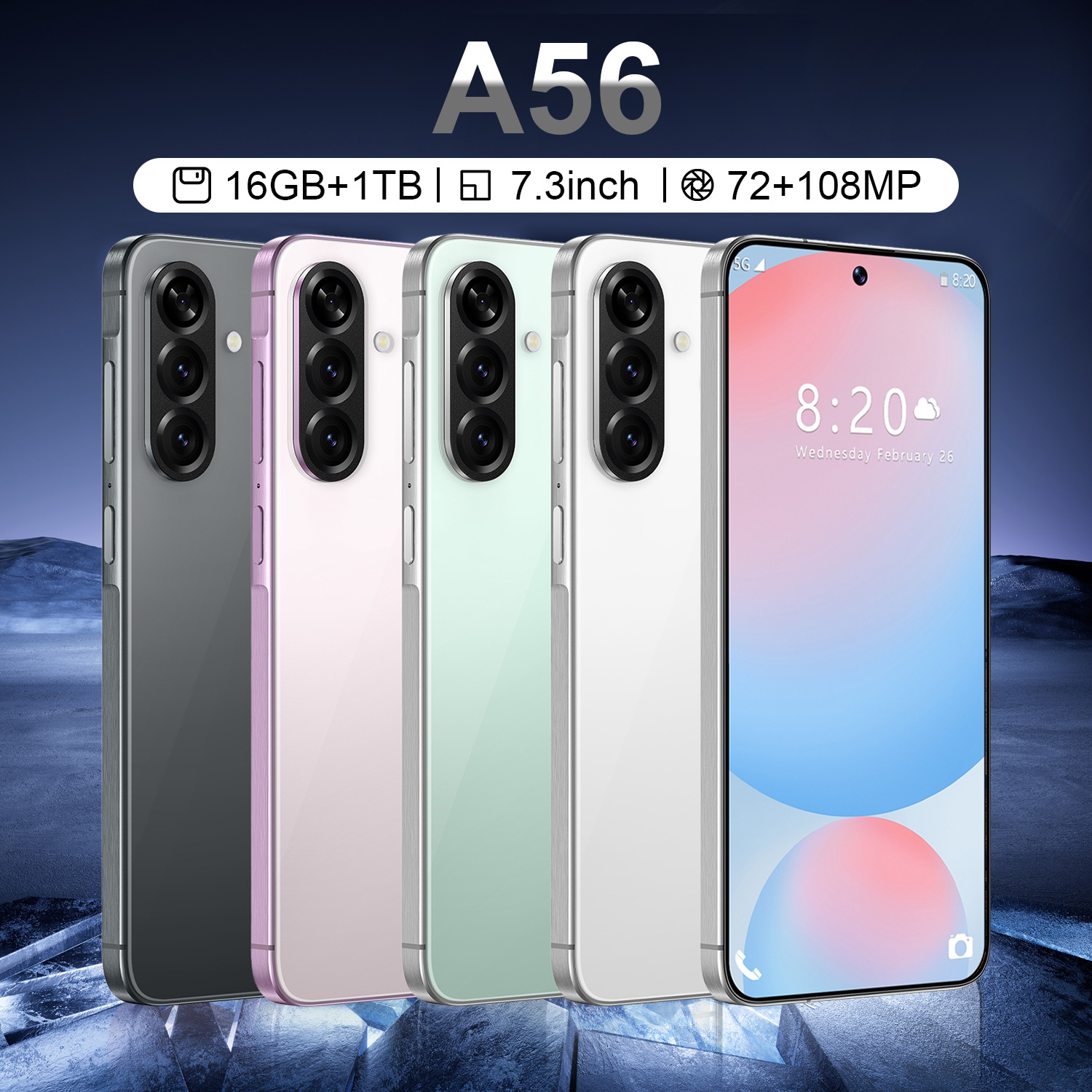 New A56 Cross-Border Mobile Phone 7.3inch Large Screen 4+64g True 4g Android 12 Foreign Trade Smartphone Tk Hot Model