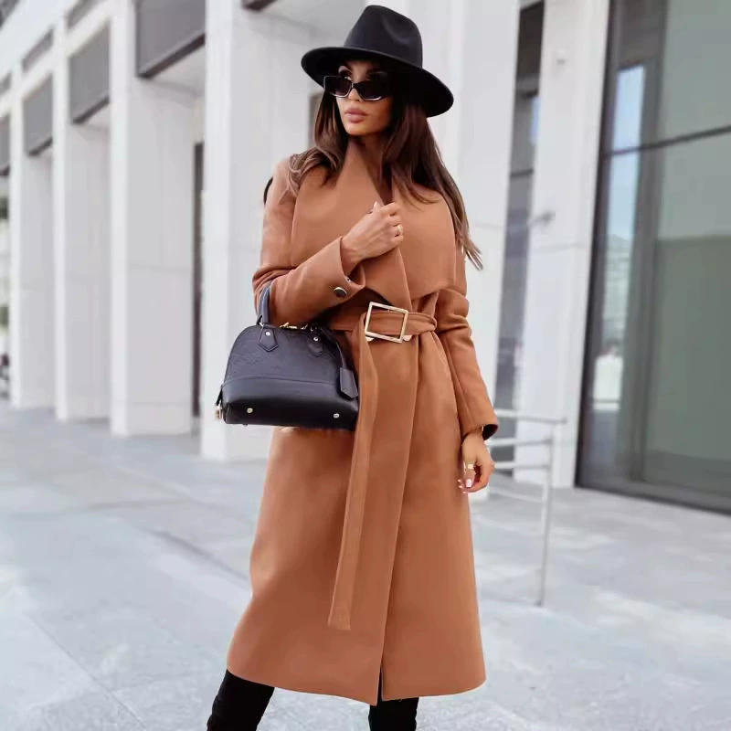 Demi-season long-sleeve, belt, woolen coat, jacket, 2022, wish, Amazon, simple and elegant design, V-neckline