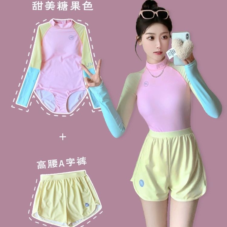 Cross-border wholesale swimsuit female one-piece conservative sunscreen long-sleeved sports shorts student hot spring surfing clothing belly-covering slimming