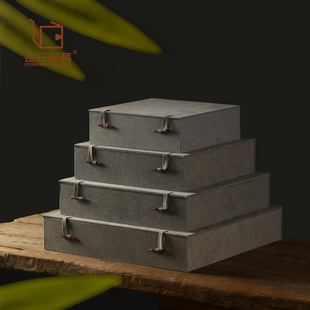 Gray flannel wooden buckle Square gift box antique ceramic plate packing box decoration crafts Pu'er tea cake brocade box