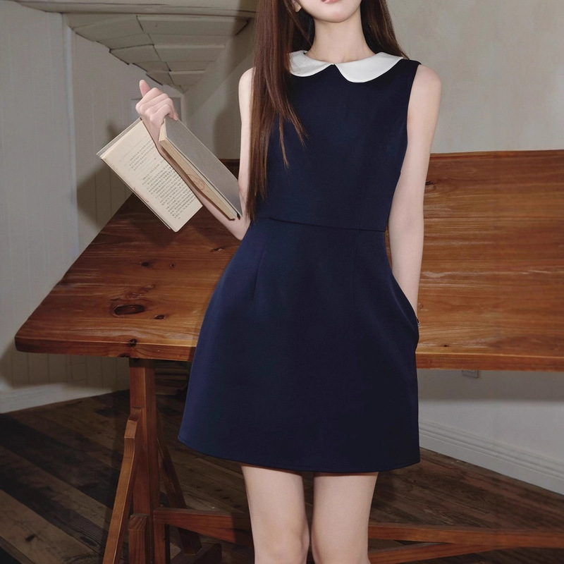 Aveneent/Contrast Color Doll Collar Sleeveless Dress Waist Elegant Korean Preppy Style A-Line Short Skirt for Women Summer