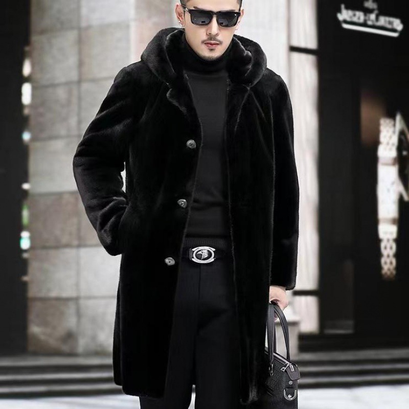 Abrigo grueso de visón para hombre, piel de hombre largo, abrigo con capuchón cálido, tipo suelto, Amazon