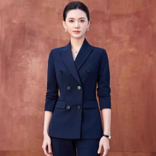 藏青色双排扣西装套装女春秋新款通勤面试正装美容院珠宝店工作服