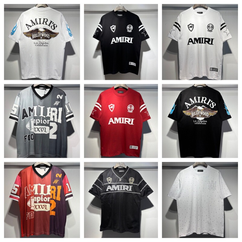 Cross-Border Trendy Brand New Product Amiri American High Street Style Summer Double Yarn Silver Letter Print Unisex Short-Sleeve T-Shirt