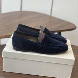 2025新款时尚圆头平底女鞋百搭复古英伦风软底一脚蹬软皮乐福鞋