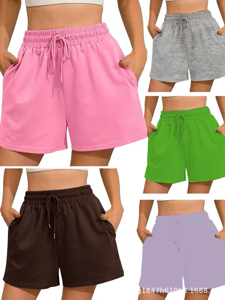 Amazon wish European and American Sports Elastic Running High Waist Pocket Training Fitness Shorts Drawstring Casual Shorts Women