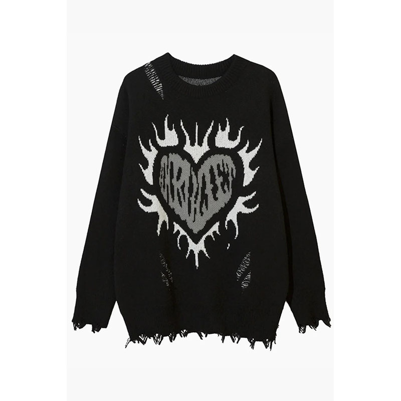 Herrenbekleidung Mode Retro Hip Hop lockerer Freizeitpullover Herzförmiger Flammenloch-Jacquardpullover Herren- und Damenoberteile_voghion.com