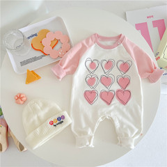 3-6-9-12滿印愛心粉色袖子女寶連體哈衣爬服 柔軟棉質秋款連身衣