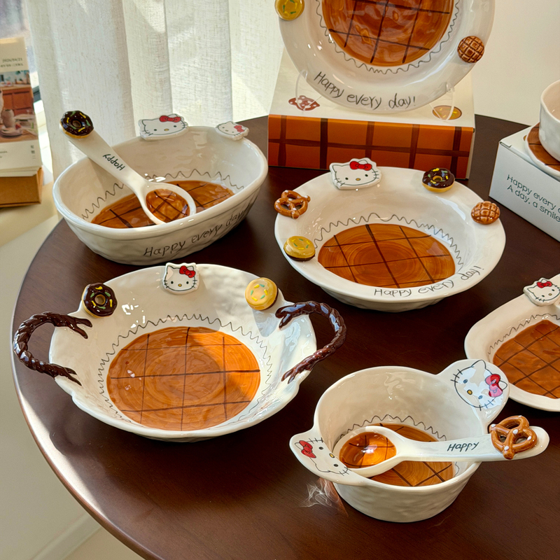 Underglaze Color Beautiful Tableware Cute Ceramic Rice Bowl Double-Eared Bowl Plate Serving Plate Coffee Cup Birthday Gift Kt