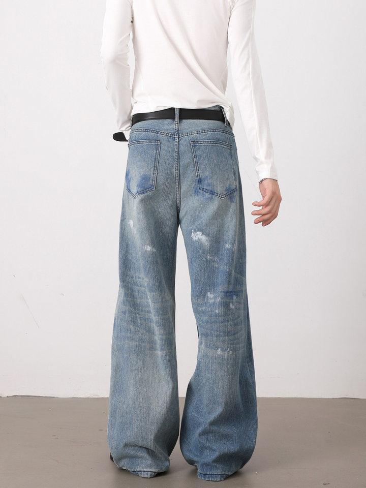 Quần jeans nam ống rộng dáng thẳng phong cách Hàn Quốc, họa tiết vẽ tay độc đáo — Màu xanh dương