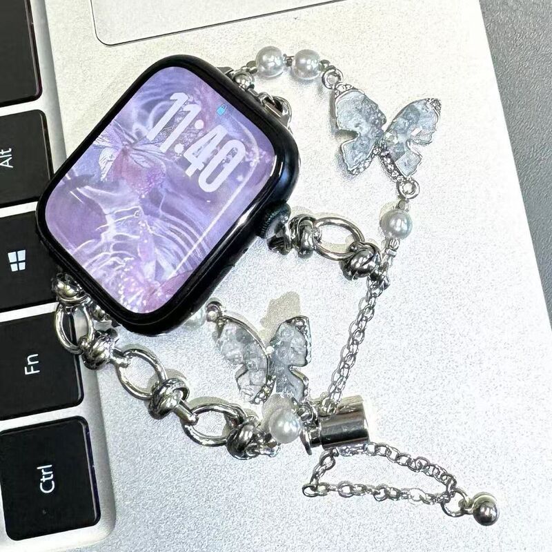 Suitable for Apple Watch, Redmi Watch 4/5/6, gravel butterfly metal pearl chain strap Suitable for Apple Watch, Redmi Watch 4/5/6, gravel butterfly metal pearl chain strap