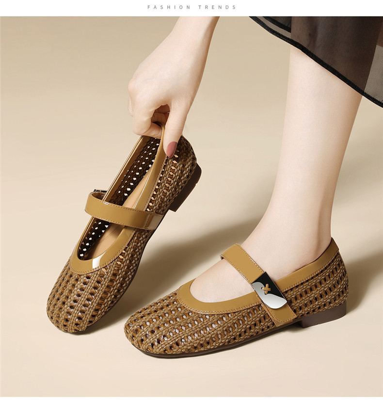 Giày Mary Jane nữ đế bệt mũi tròn, mặt lưới rỗng dệt, gót 1.5 cm — JST 6057 Màu cà phê theo chiều cao 1.5cm, JST 6057 Màu be và chiều cao 1,5cm chi tiết 14