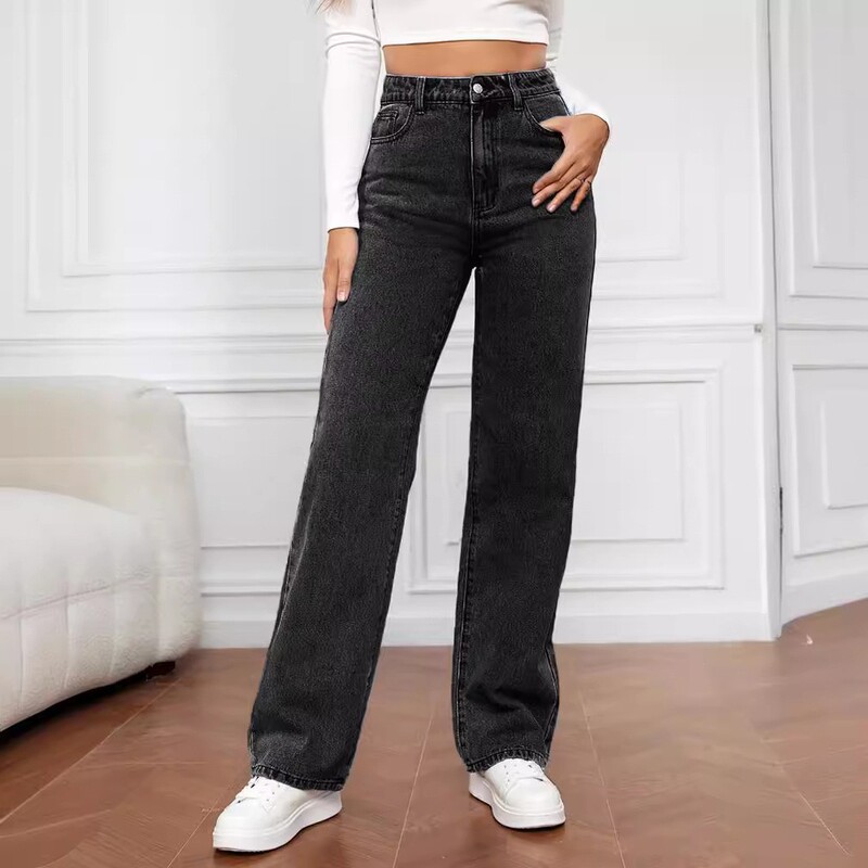 カジュアルトレンドファッションストレッチウォッシュデニムファッションストレートパンツジーンズ女性のパンツルーズストレートパンツ|undefined