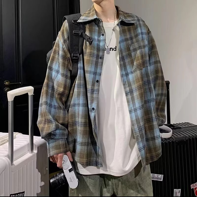 American Retro Plaid Shirt Men's Long-Sleeved Spring & Fall High-End Handsome Loose Shirt Jacket Couple Casual Top