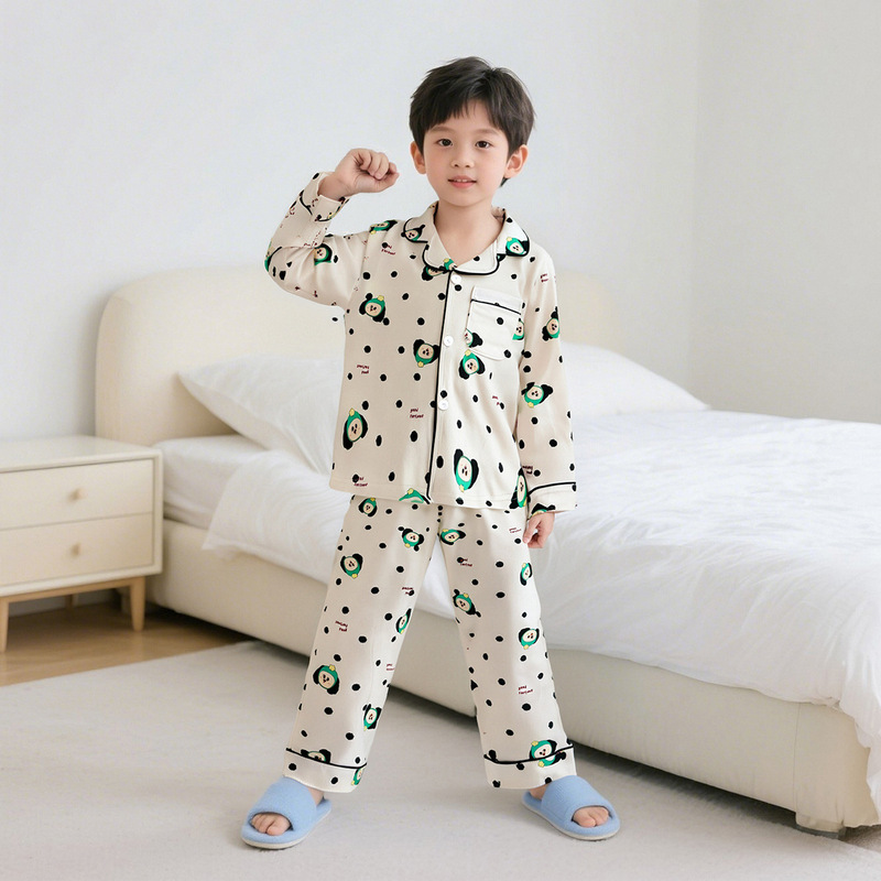新款纯棉儿童长袖家居服男童女童翻领睡衣中大童春秋款家居服套装|undefined