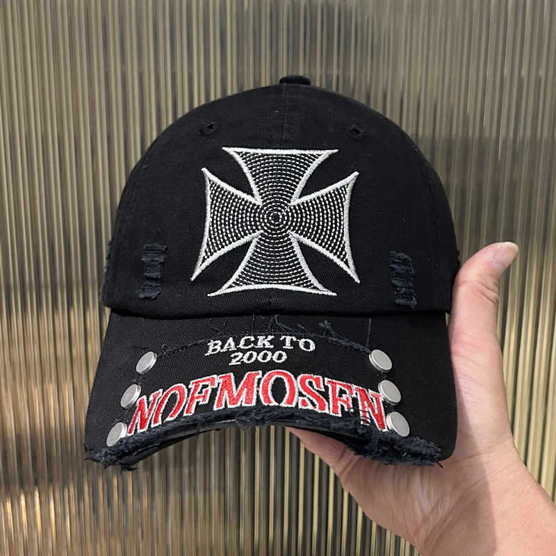 Street Style Iron Cross Patchwork Embroidered Distressed Baseball Cap with Rivets, Unisex