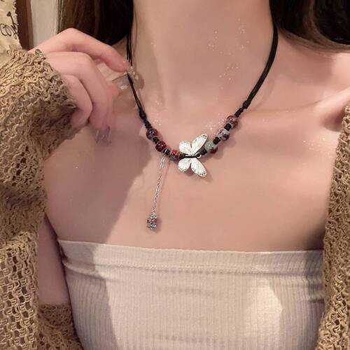 National Style Butterfly Beaded Necklace Women's Light Luxury Niche New Chinese Design  New Clavicle Chain Trend