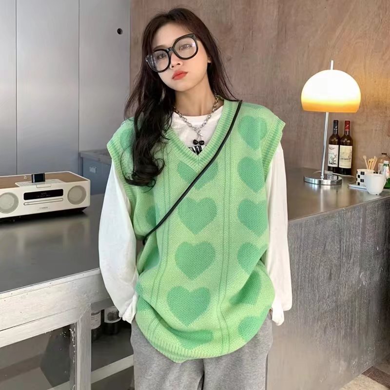 Preppy style sweet love knitted vest women's outer wear versatile autumn and winter sleeveless waistcoat sweater vest top