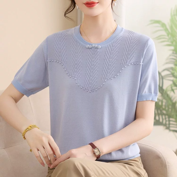 Летняя одежда для мам среднего возраста 2025, новые футболки с короткими рукавами, модные топы из ледяного шелка, модные футболки для женщин среднего и пожилого возраста.