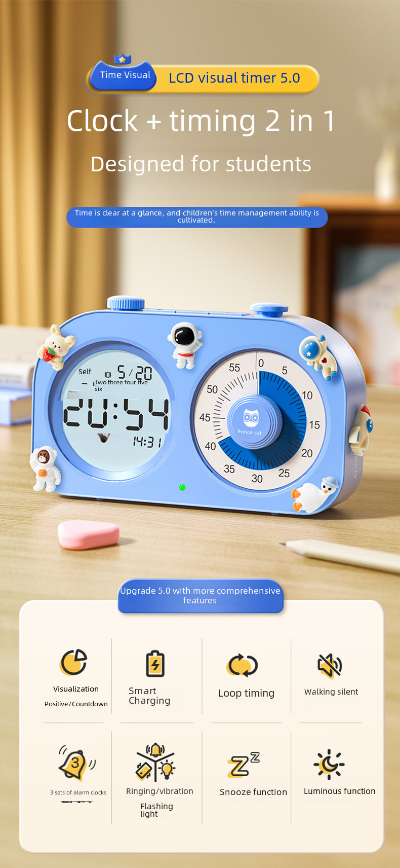 Cat Prince Visual Timer for Children Learning Special Self-discipline Timing Office Time Manager Alarm Clock