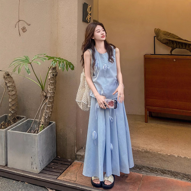 2025休闲流行蝴蝶结蓝色无袖套装裙女夏装搭配一整套半身裙两件套|undefined