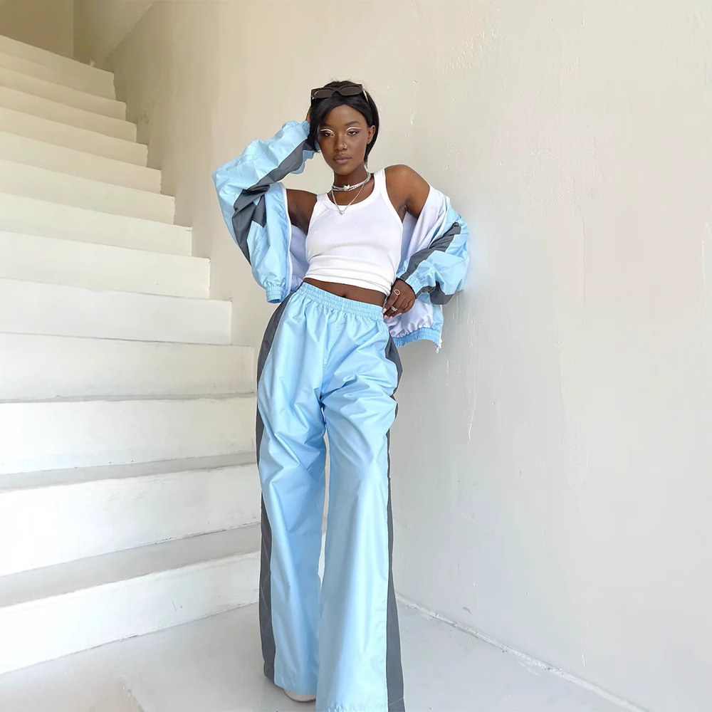 European and American Women's Casual suit Fashion Loose Colorblock Long Sleeve Zipper Cardigan Contrast Color Top Trousers Sports suit