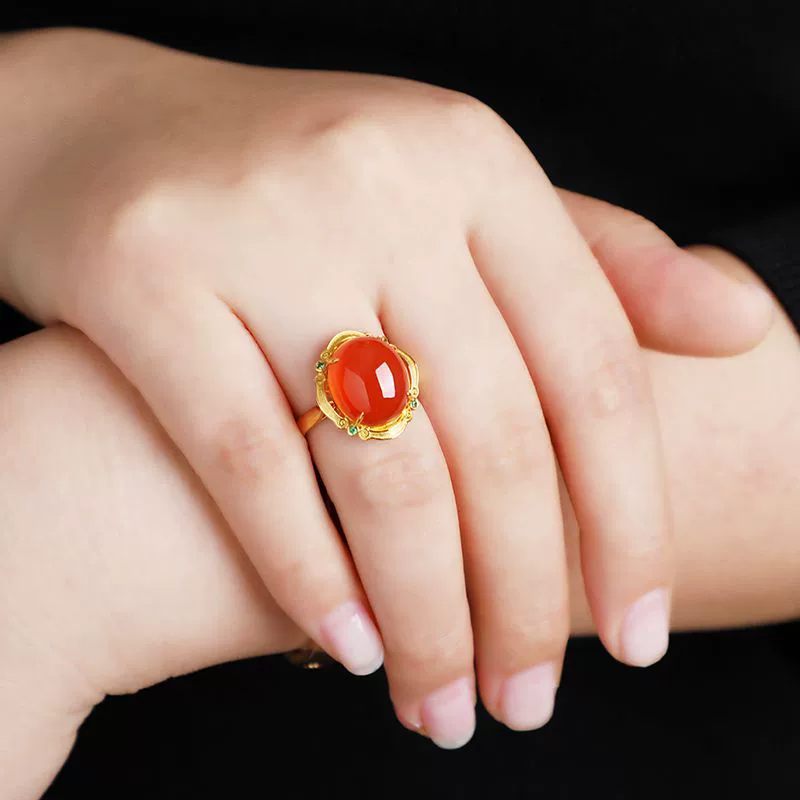 Натуральное необработанное минеральное ледяное красное кольцо из чистого серебра с инкрустацией древним золотом Баошань, южное красное кольцо для женщин, модное и элегантное кольцо на указательный палец для женщин.