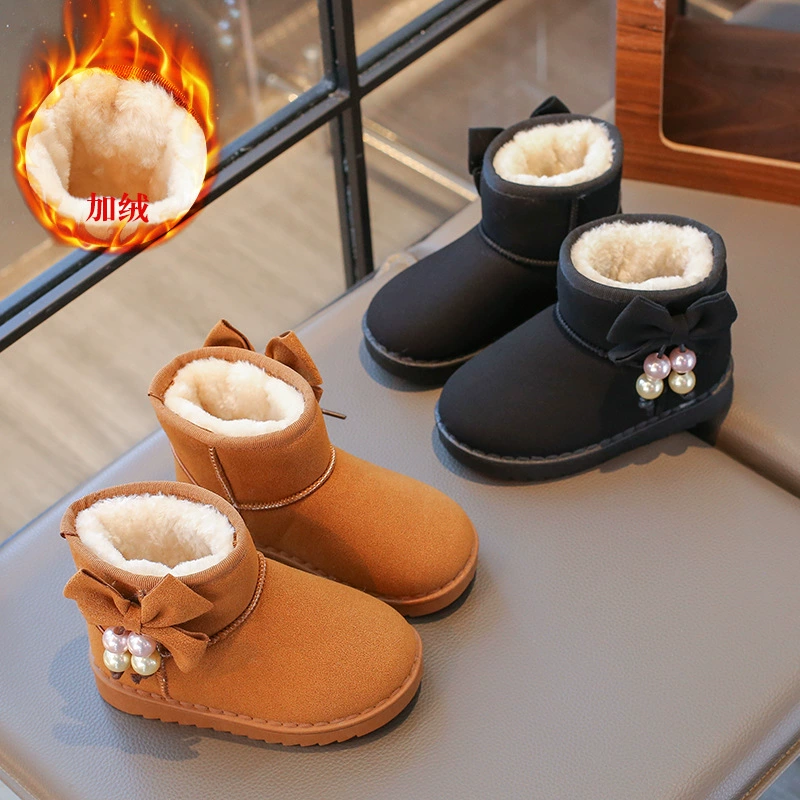 Зимний новый бант жемчуг для девочек снежные сапоги для детей бархат утолщение большой хлопок для девочек кожаные водонепроницаемые хлопковые сапоги