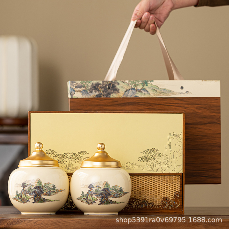 그림 같은 산과 강 더블 항아리 나뭇결 선물 상자