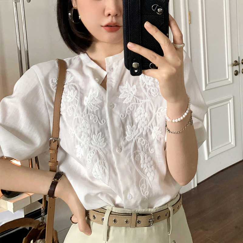 Sr French-Style Heavy Embroidery Shirt, Simple and Fashionable, Loose and Flowing, Unique Design, Long-Sleeve Top Sr French-Style Heavy Embroidery Shirt, Simple and Fashionable, Loose and Flowing, Unique Design, Long-Sleeve Top