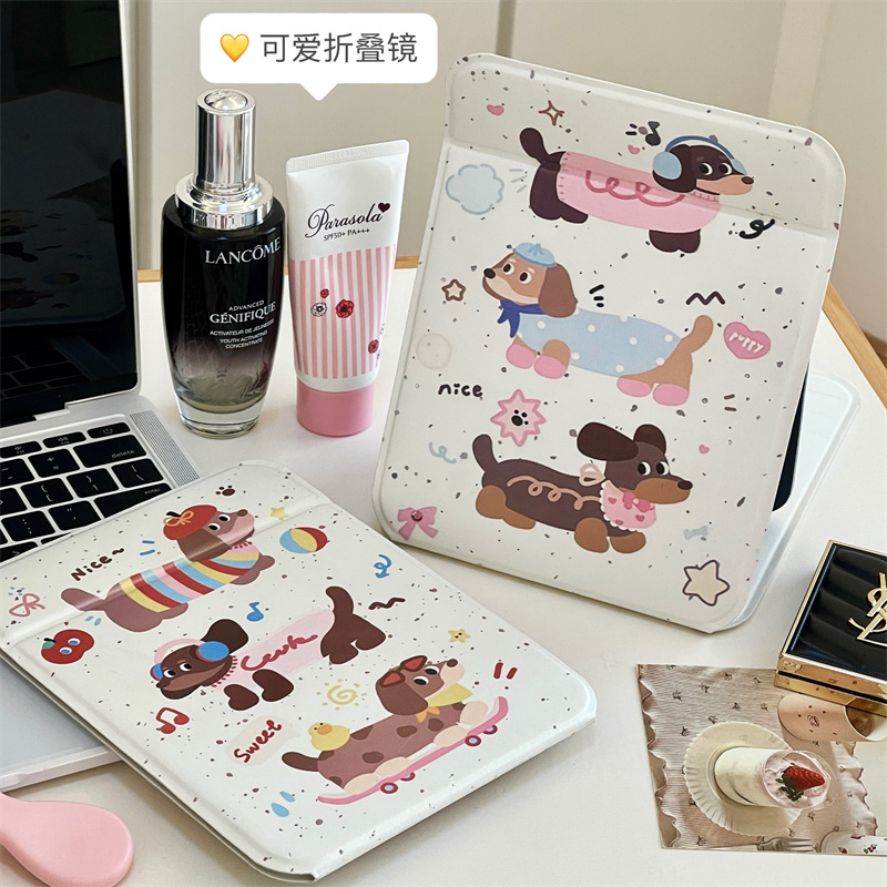Lindo espejo de maquillaje de perro salchicha de escritorio espejo plegable espejo de tocador de dormitorio de estudiantes espejo de maquillaje de oficina