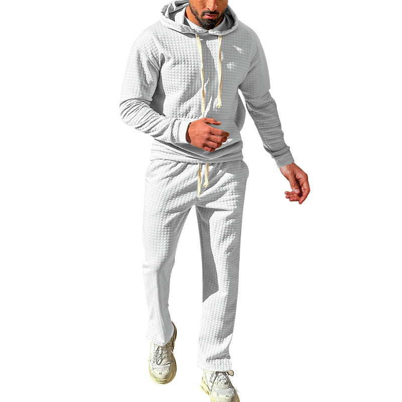 Independent autumn and winter men's jacquard small grid hooded sweatshirt, long pants, casual sports suit_voghion.com