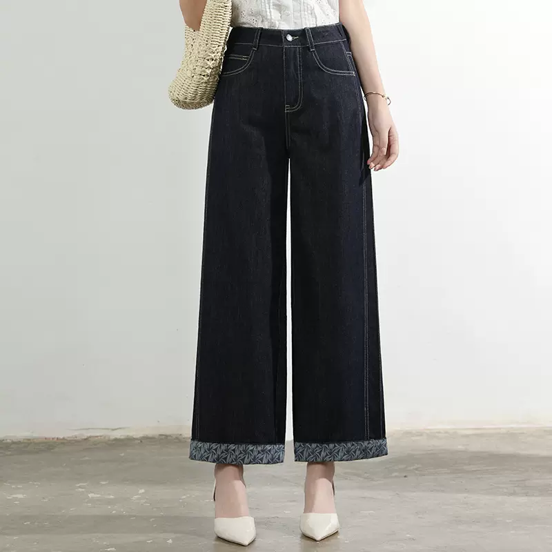 厂家直销新款薄款锁色丹宁牛仔裤女翻边九分小个子筒裤后松紧女裤