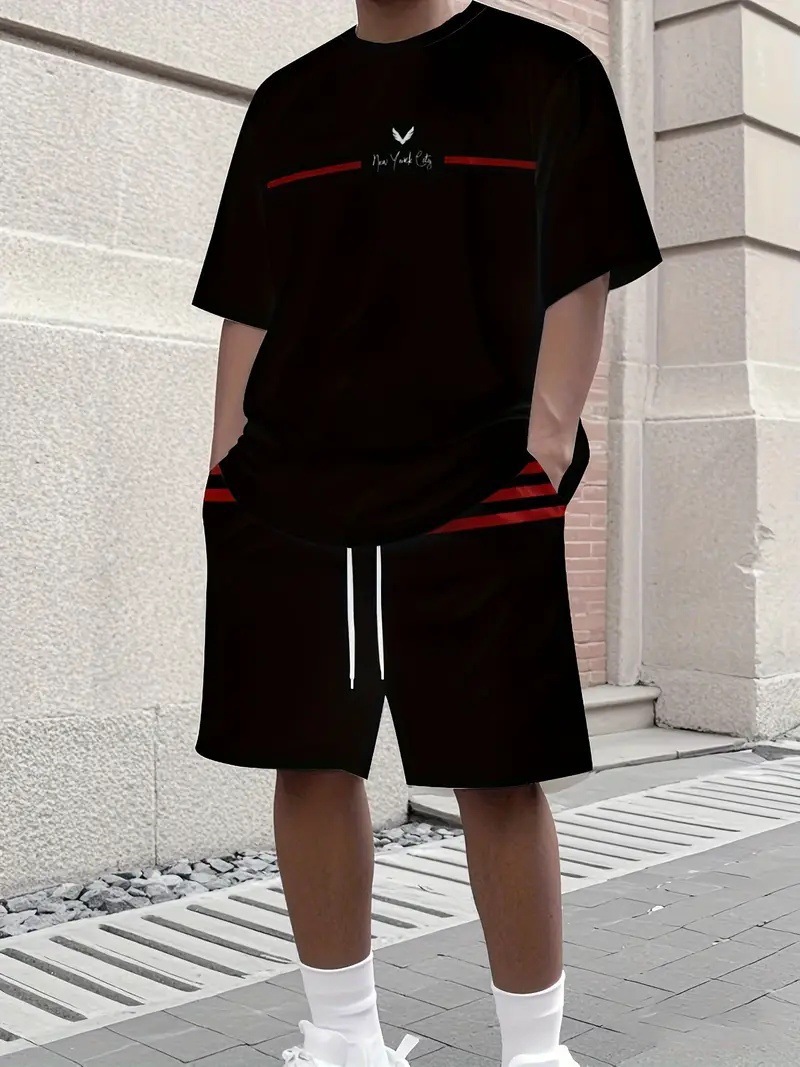 Men's Summer Gradient Letter 3D Digital Print T-Shirt And Shorts Set Trendy Casual Basic Comfortable Two-Piece Outfit_viptrois.com