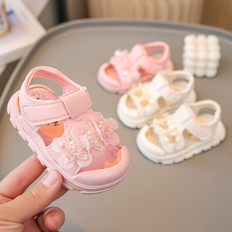 2024 летние новые сандалии для девочек с мягкой подошвой и цветочным принтом, Детские Модные Нескользящие сандалии в Корейском стиле