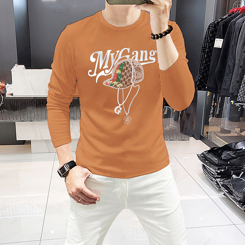 2024 Spring Autumn New Men's Long Sleeve T-Shirts Luxury Round Neck Shirts Hat Rhinestone European Men's Tops Slim Fit Trendy Shirts Men_voghion.com