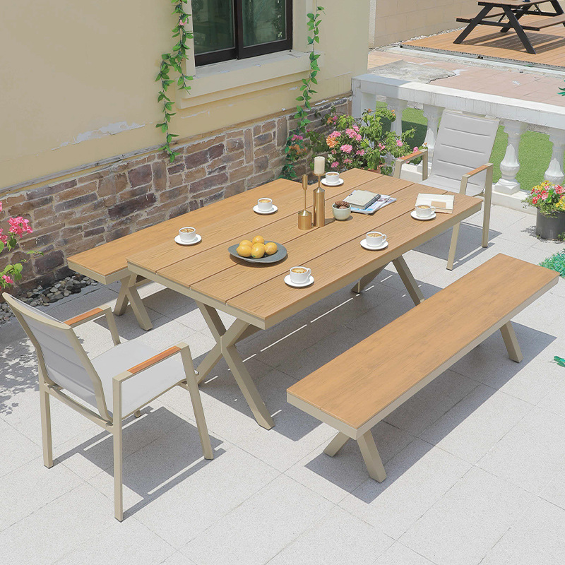 2 * silla de tela de red Tucker + Mesa de madera plástica 220 * 90 cm + Banco de madera plástica 220 * 36 cm