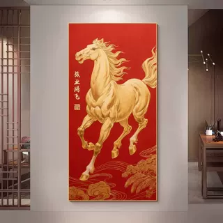 新中式马到成功玄关装饰画正对门高级感壁画客厅入户走廊过道挂画
