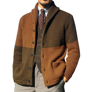 Cross-Border Men's Knitted Cardigan Color-Blocked Sweater Button Hoodless Jacket European and American Trendy Brand Casual Loose Sweater for Men