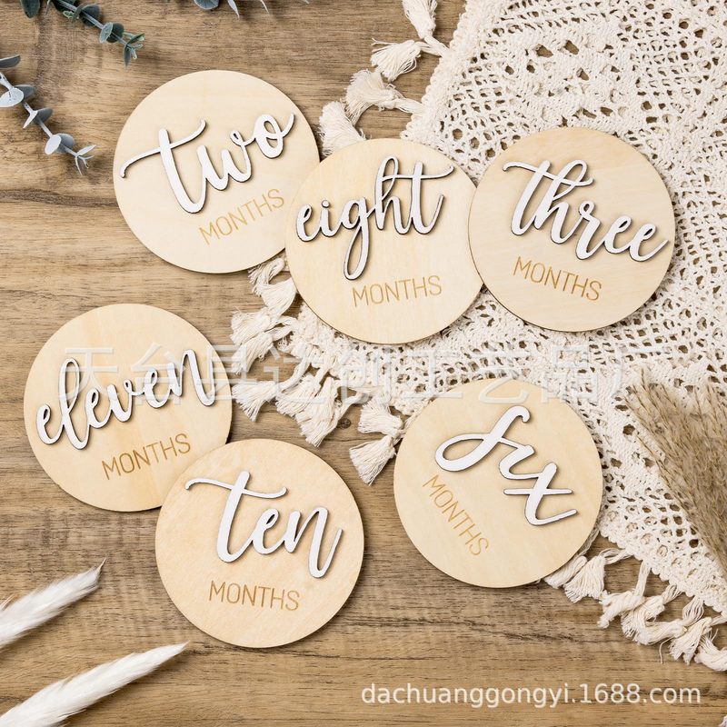 Cross-Border Wooden Baby Milestone Digital Wood Chip Month Card Photo Props 3D Wooden Newborn Announcement Card