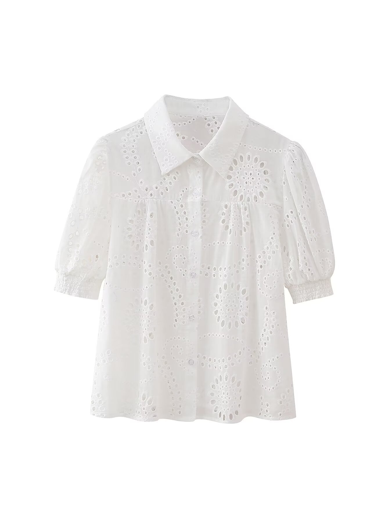 Cross-border Women's 2024 Spring and Summer New European and American Style Fashion Embroidery Hollow Puff Sleeve Lel Shirt Top for Women